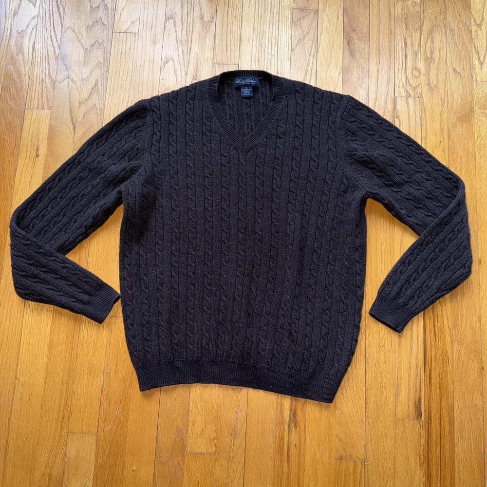 Brooks Brothers Cable Knit Merino Wool Sweater Mens XL Brown V Neck Pullover